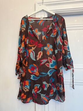 Y2K MERONA COLORFUL COTTON COVERUP TUNIC DRESS 24W BROWN PAISLEY BEADED BOHO